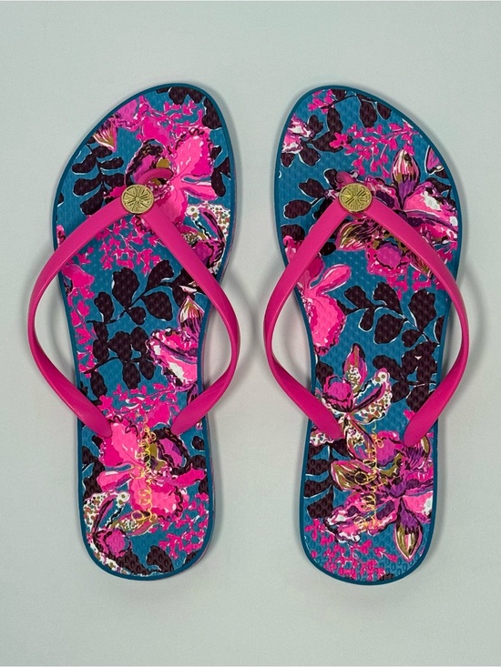 Lilly Pulitzer Shoes - NWOT Lilly Pulitzer Pink Tropical Flip Flops Blue Rhapsody Orchid You Not 9/10